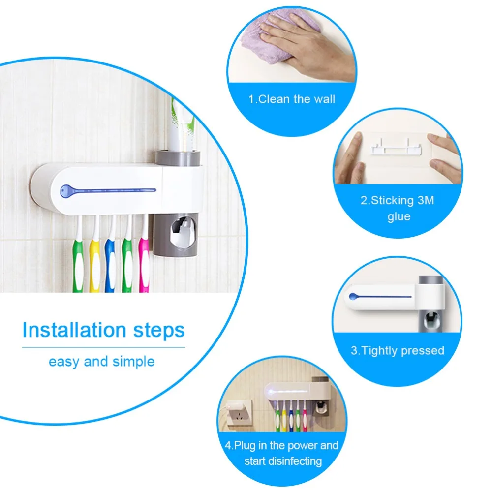 2 in 1 UV Light Ultraviolet Toothbrush Sterilizer Toothbrush Holder Automatic Toothpaste Squeezers Dispenser Home Bathroom Set
