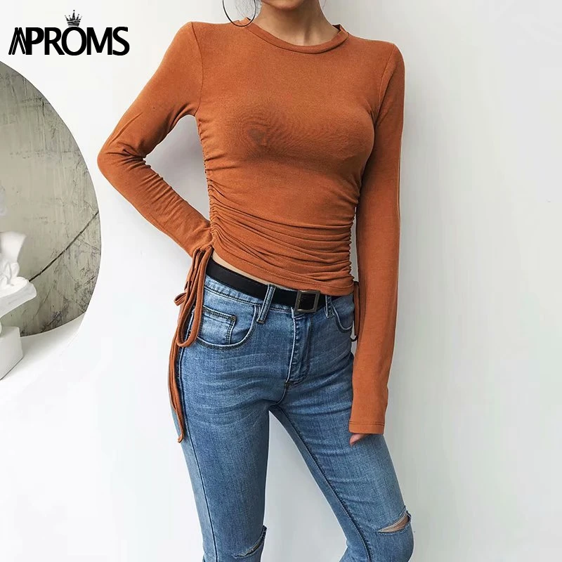 Aproms Candy Color Long Sleeve Ruched T Shirt Korean Fashion Slim Fit Tshirt Women Streetwear Cotton Basic Tops Female Gray Tees