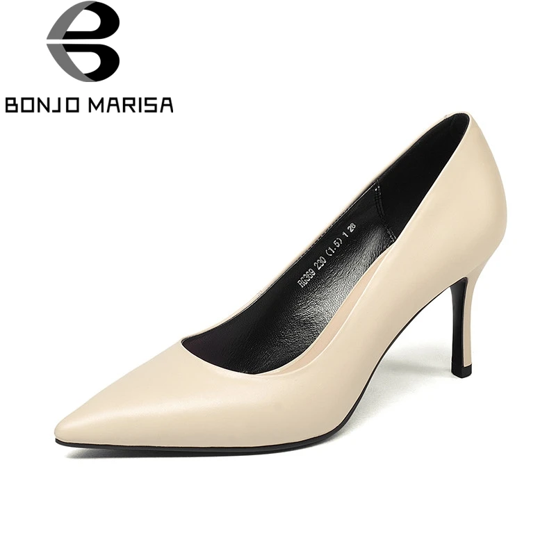 

BONJOMARISA 2018 Spring Autumn Concise Style Women Pumps High Heels Shallow Ol Shoes Woman Genuine Leather Pointed Lady Shoe
