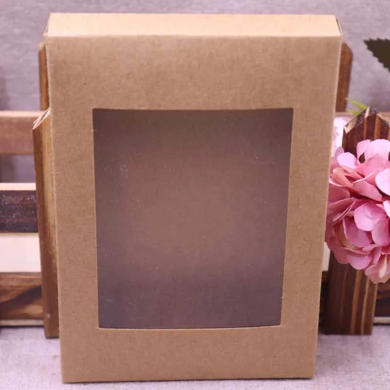 

10 Pcs new DIY Vintage color Kraft paper gift box package with clear pvc window candy favors arts& krafts display package box