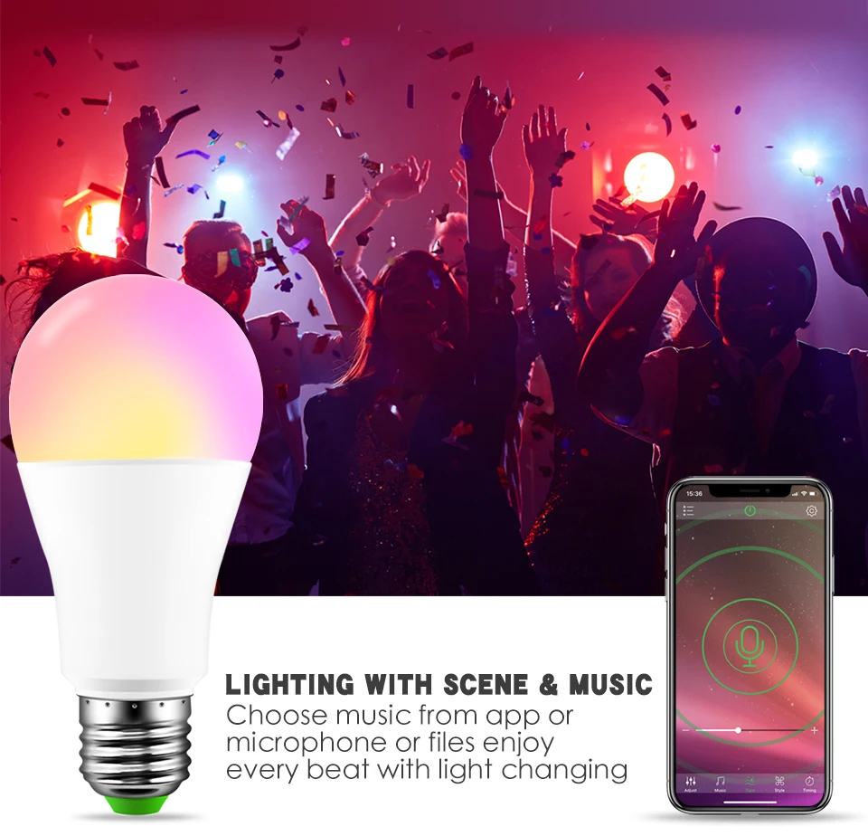 E27 RGBW Bluetooth 4,0 светодиодный светильник 15 Вт приложение умный голосовой музыкальный контроль светильник многоцветный светодиодный светильник освещение для семьи цвет с регулируемой яркостью