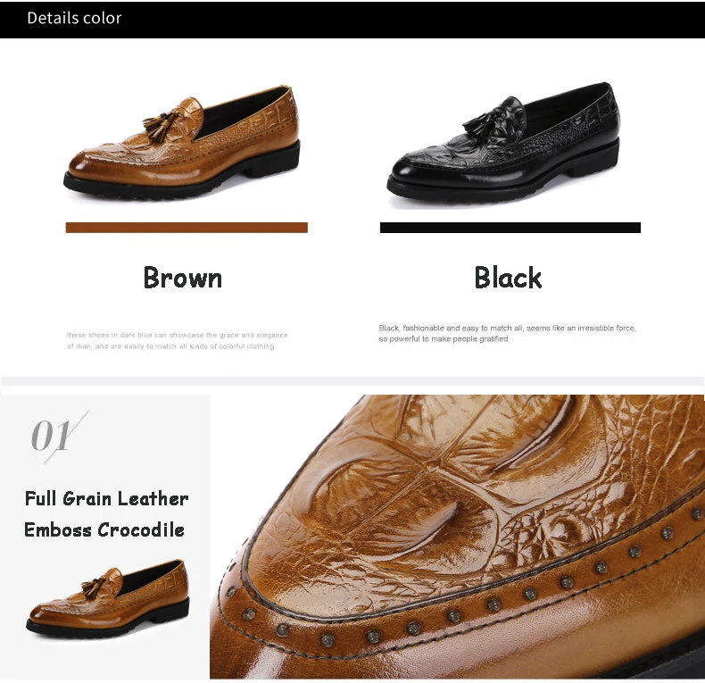 Men's Casual Wedding Dress Shoes Crocodile Leather Brogue Shoes Men Tassels Oxfords Shoes Slip-on Leather Penny Loafers Shoes (2)