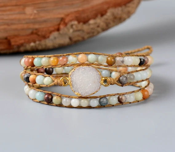 

Unique Amazonite with Gilded Druzy Charm 3 Strands Wrap Bracelets Wholesale Handmade Bohemian Weaving Bracelet