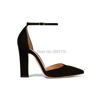 

Fashion Spring Summer Shallow Shoes Woman Black Suede Pointed Toe Womens Pumps Buckle Ankle Strap Block Heels Prom Party Shoes