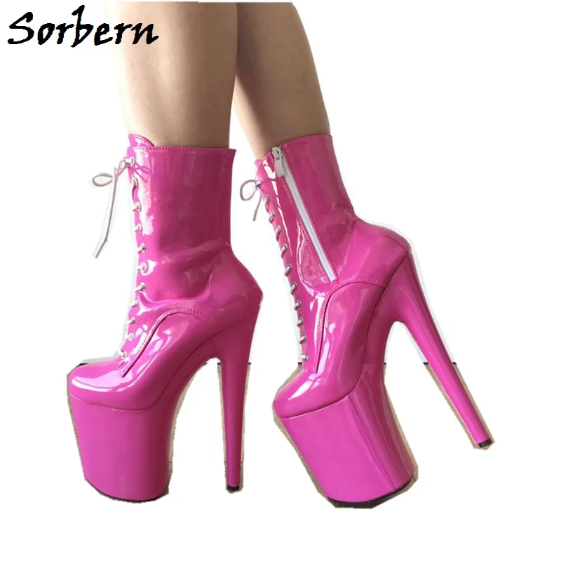 

Sorbern Patent Leather Ankle Boots Round Toe Super High Heels 20Cm Girls Shoes Rose Red Boots For Women Cross-Tied Spring Bootie