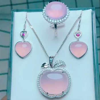

Fine Jewelry Natural Chalcedony Setswith 925 Silver Apple Shape Pendant + Earring + Ring for Charm Women Jewelry Sets
