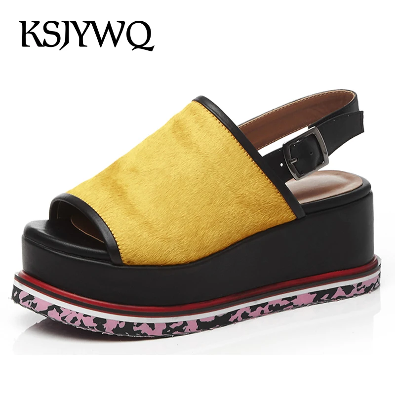 

KSJYWQ Yellow Horsehair Women's Platform Sandals Sexy Open-toe Buckle Wedges 6.5 CM High Heels Thick Soles Box Packing br58-8