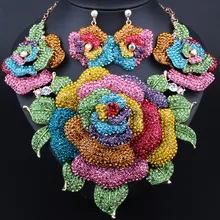 Wedding Jewelry Full Rhinestones Exaggerated Big flowers Necklace Earrings for Women African Bridal Jewelry sets