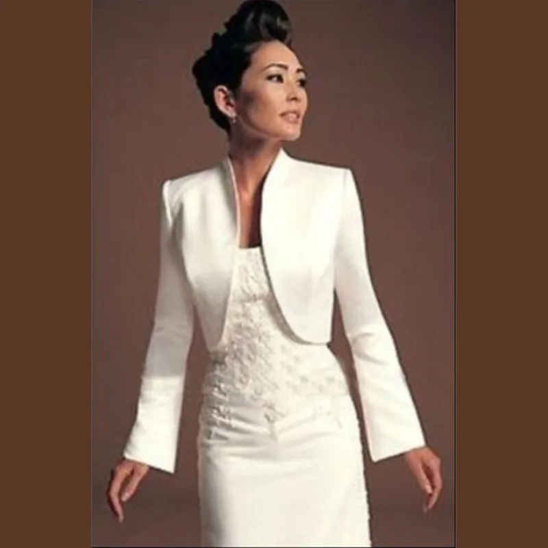 White Sattin Bolero Jacket Long Sleeve Wedding Wrap Of Bride Jackets With Small Collar From China