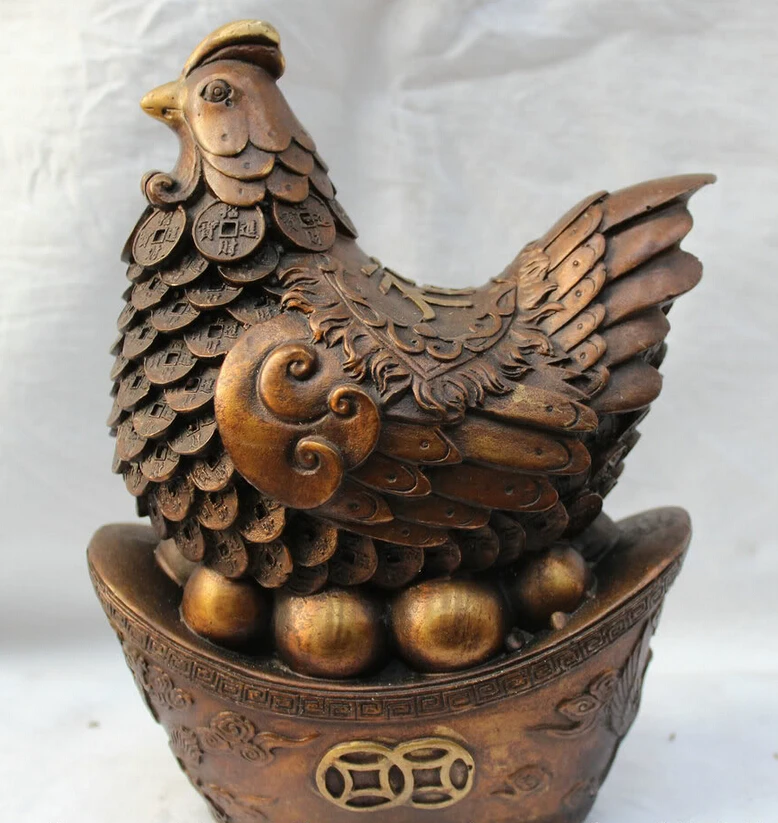 

song voge gem S5887 Chinese Wealth Fengshui Pure Bronze Money Rich Biddy Hen Chook On Yuanbao Statue
