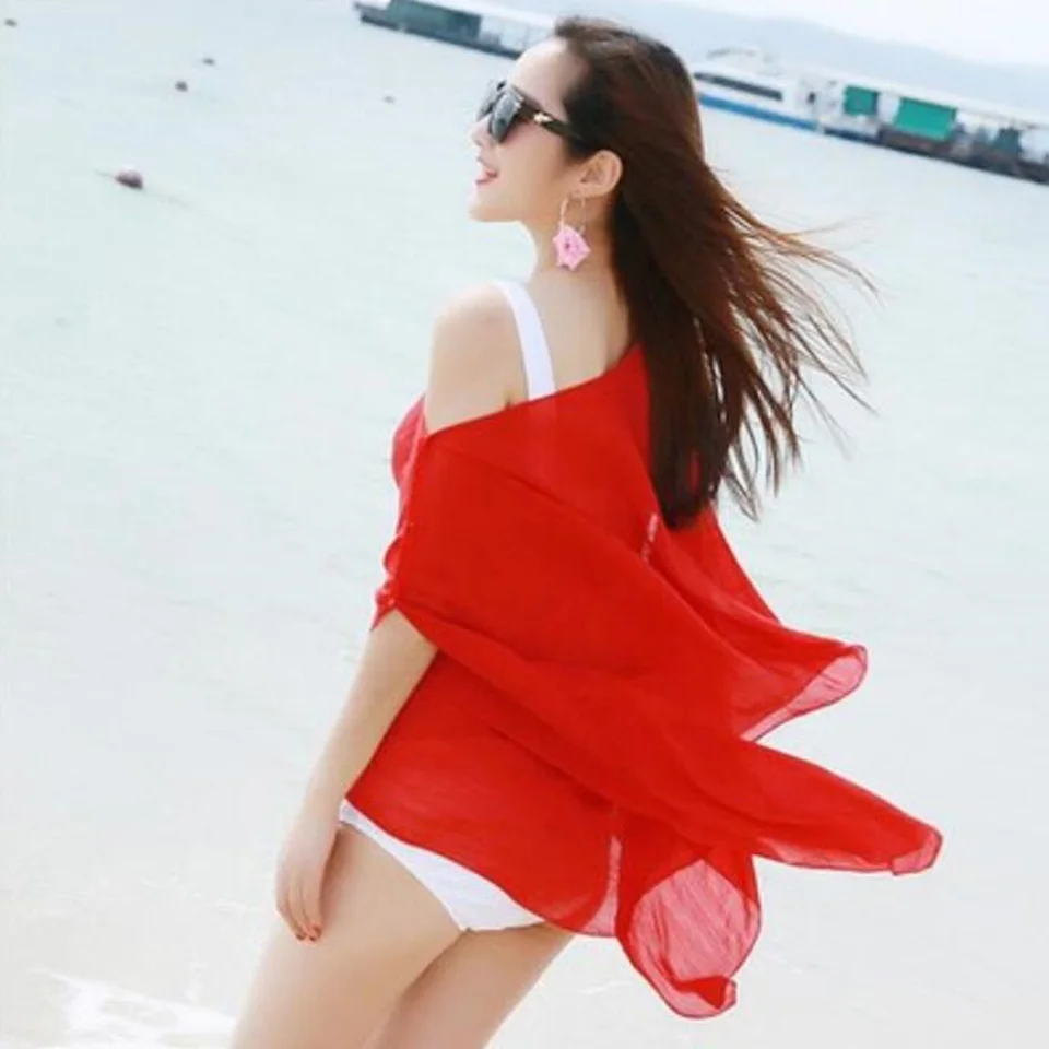 Женское летнее сексуальное пляжное платье накидка бикини шифоновая шаль-платок сплошной цвет свободная пляжная одежда