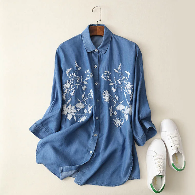 

X108 fashion women elegant floral embroidery long sleeve turn down collar shirt ladies vintage thin jeans blue blouse tops