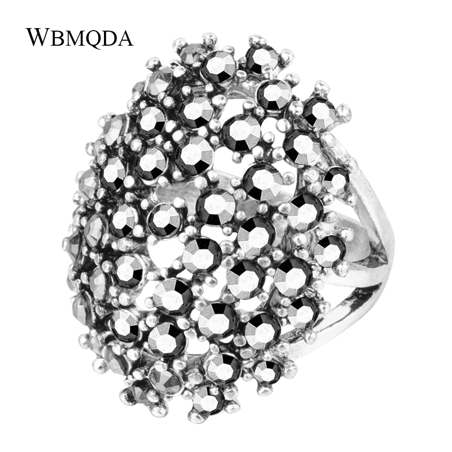 

Hot Vintage Bohemian Statement Jewelry Fashion Big Crystal Ring Antique Silver Engagement Wedding Rings For Women Accessories