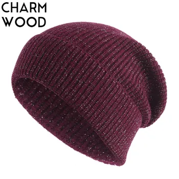 

Women's Cashmere Beanie Casual Silver Line Crochet Slouchy Beanies Hats for Women Female Knitted Solid Skullies Hat DQ821C