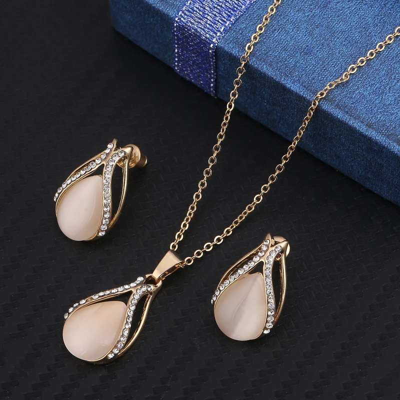 Fashion Golden Plated Opal Jewelry Sets For Woman Cubic Zirconia Water Drop Necklace Pendant Earrings Set Bridal Wedding Gift 2