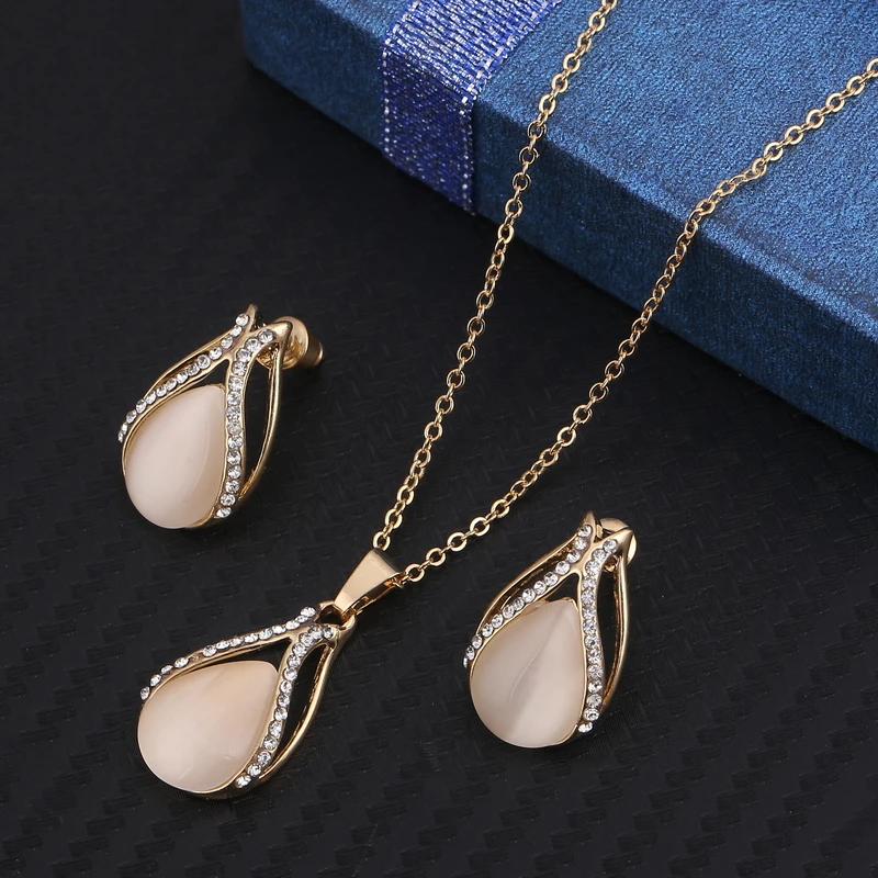 Fashion Golden Plated Opal Jewelry Sets For Woman Cubic Zirconia Water Drop Necklace Pendant Earrings Set Bridal Wedding Gift - Image 2