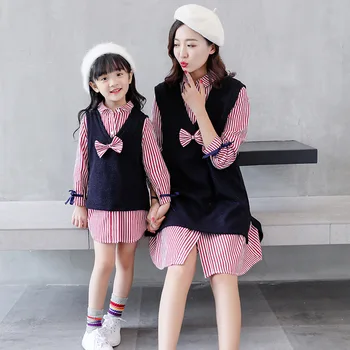 

Mommy and Me Mother Daughter Dresses Elegant Two Pieces Sets Striped Shirt Dress + Knitted Vest Dress Family Look Clothing Suit