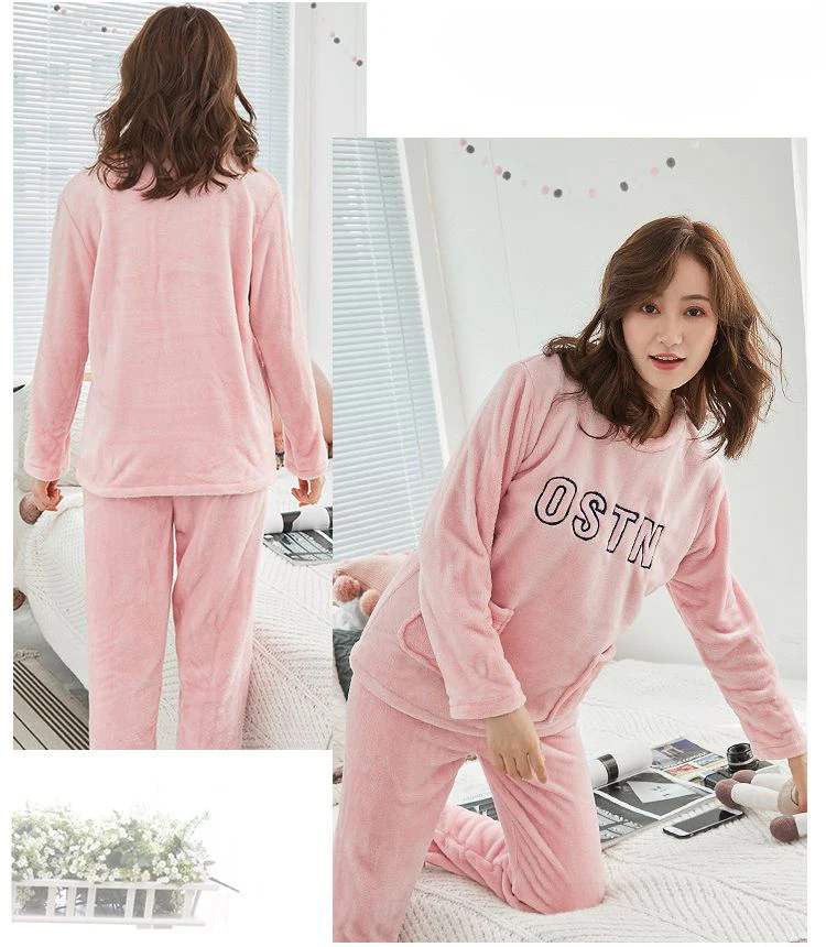 Women Sleepwear Pyjama Suit Embroidery Thick Warm Cute Sleep Pajamas Set Girls Coral Fleece Pajamas for Women Flannel Homewear