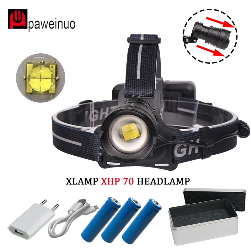 

High power CREE xhp70 cob Headlight zoomable LED Headlamp waterproof usb Head Flashlight Head Torch lamp 18650 light for Hunting
