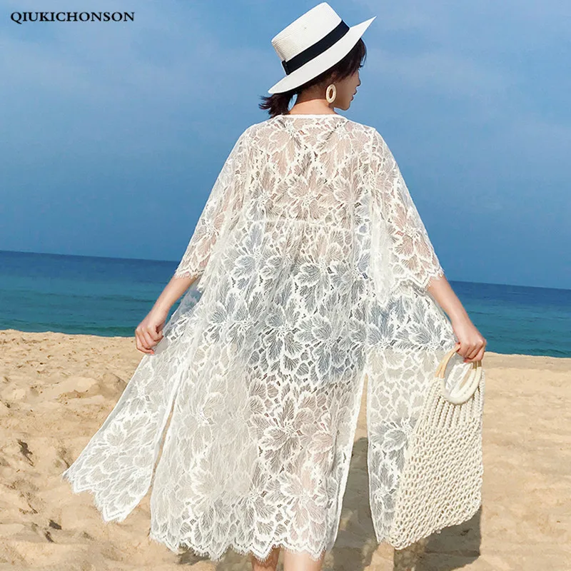 

Women Long Lace Cardigan Summer 2019 Bohemian Beach Kimono High Slit V Neck Floral Hollow Out Transparent Eyelash Lace Blouses
