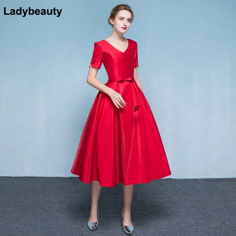 

Ladybeauty New arrival 2018 Elegant Red Evening Dress V-Neck Lacing Formal Party plus size Short sleeve dresses