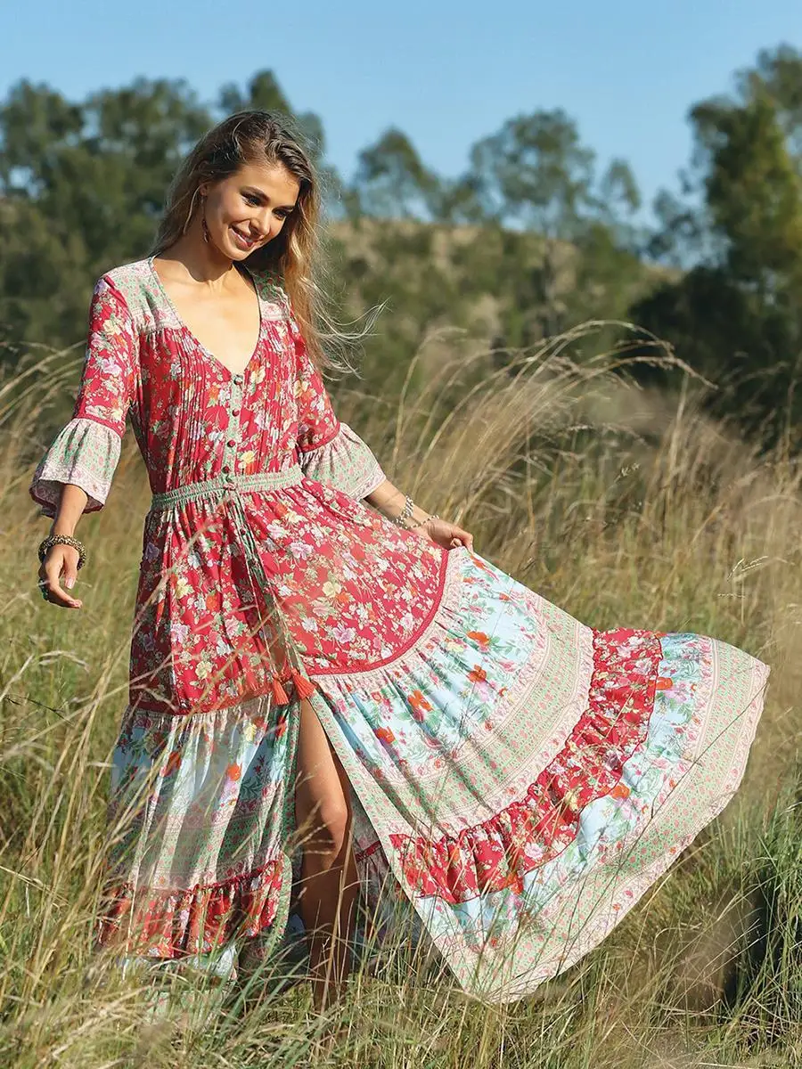

Rococo Red Maxi Dress Women 3/4 Sleeve V neck Vintage Floral Printed Long Dresses 2019 Summer Beach Boho Chic Loose Dress