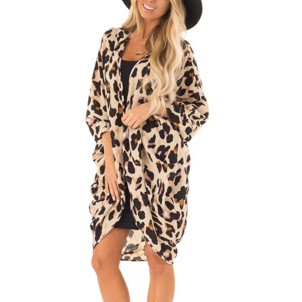 Leopard Long Cardigan Women 34 Sleeve Chiffon Kimono Cardigan Beach Swimsuit Smock Cardigan Plus Size Camisa Feminina 40MR05 (7)