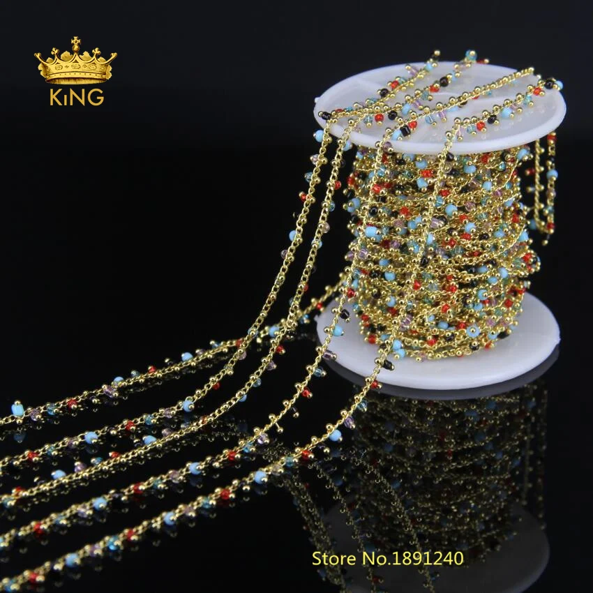 

Rosary Chain New Golden Plated Brass Cube Wire Wrapped Tiny 2mm Natural Rainbow Glass Beads Link Jewelry Findings 5M LS37