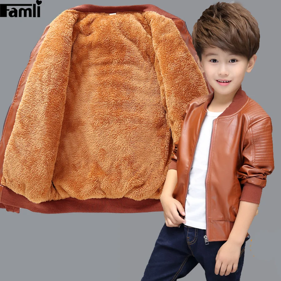 

Famli Kids Boy Winter Faux Leather Baseball Jacket Children Warm Thick Faux Fur Leather Coat Teenager Winter Outerwear