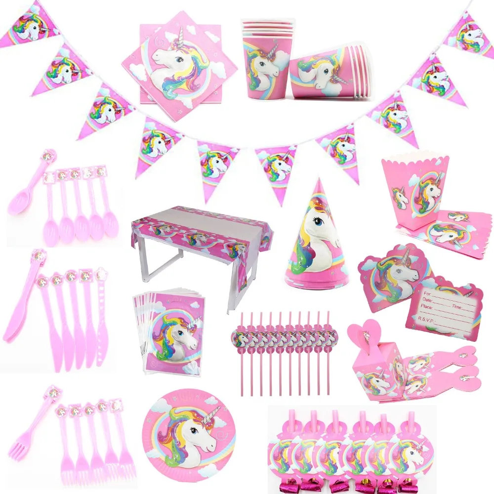 

Pink Unicorn Theme Birthday Party Decorations Kids Disposable Tableware Set Napkins Plate Gift Bag Party Supplies Baby Shower