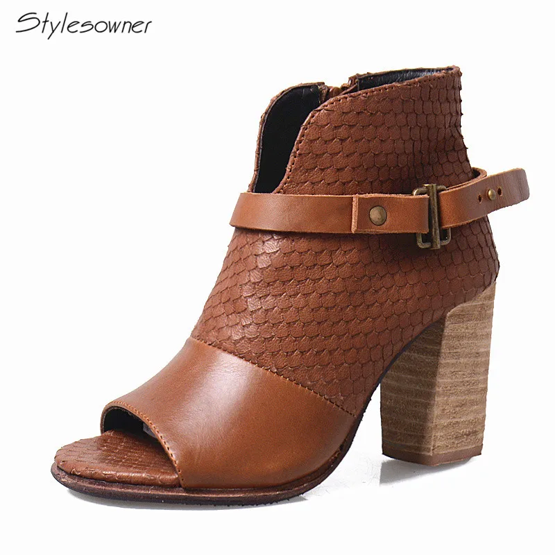 

Stylesowner Stingray Skin Single Boots Women European Peep Toe Super High Heels Boot Belt Buckle Side Zip Ankle Shoes Spring