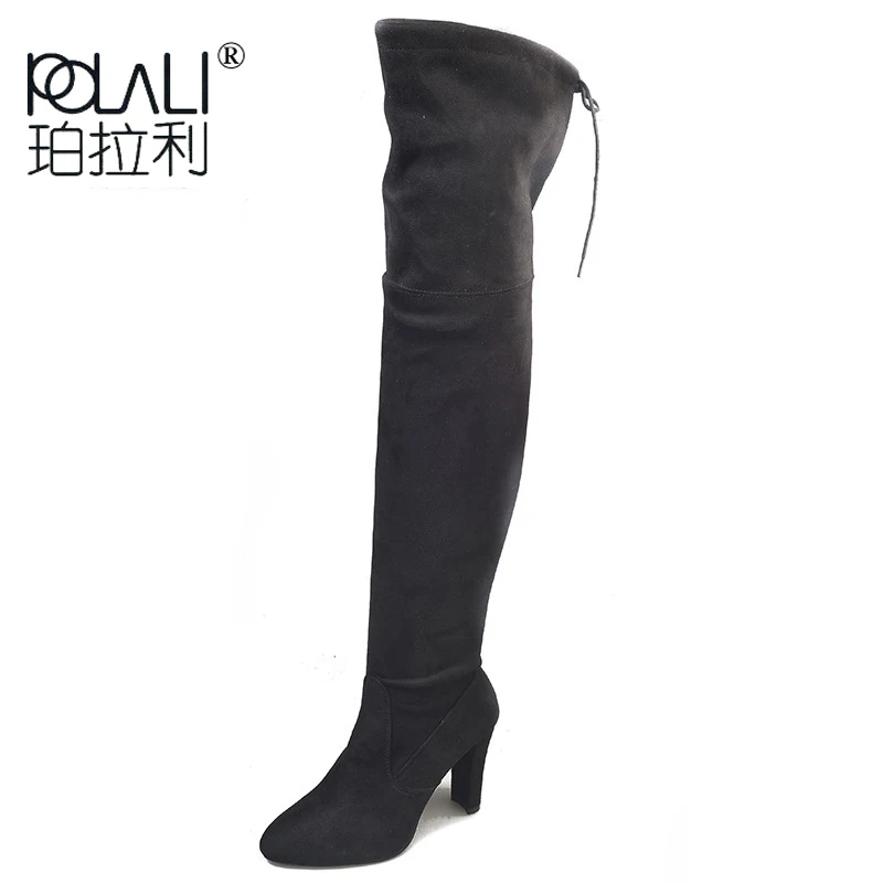 POLALI 2020 New Flock Leather Women Over The Knee Boots Lace Up Sexy High Heels Autumn Woman Shoes Winter Women Boots Size 34 43