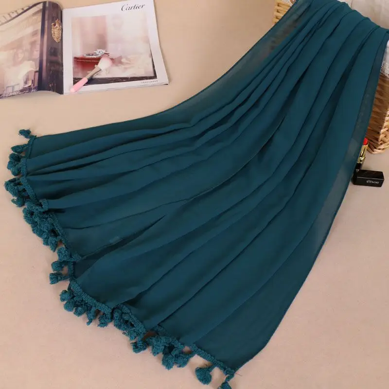 Шифоновая шаль с кисточками, шарф с помпонами, Летняя Пляжная накидка, Пашмина, мусульманский хиджаб
