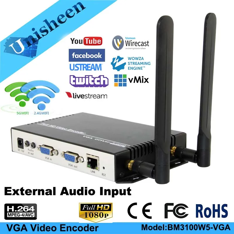 Unisheen H.264 VGA Video Encoder Onvif Low Lantency WIFI youtube Transmit compus computer monitor ip rtmp video live streaming