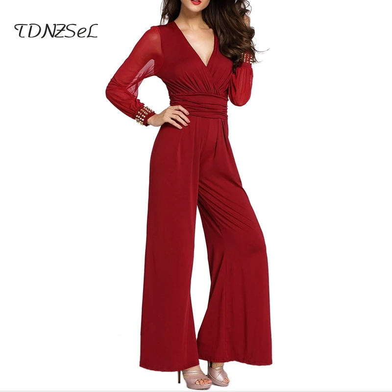 Overalls Women Mesh Black High Waist V Bodysuit Long Rompers Deep Rivet Loose Solid Patchwork Casual blue Wide Jumpsuits Sleeve Summer burgundy Leg fUx5qdwU