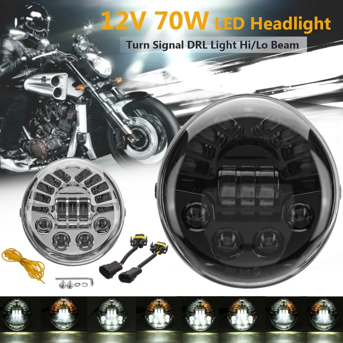 

12V 70W LED Headlights Turn Signal Light DRL Hi/Lo Beam For Harley VRSC V-Rod VRSCX 2002-2017