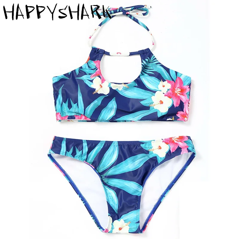 

HAPPYSHARK 2019 New Floral Bikinis Set Sexy Hollow Out Biquinis Halter Swimsuit Female High Neck Beachwear Blue Maillot De Bain