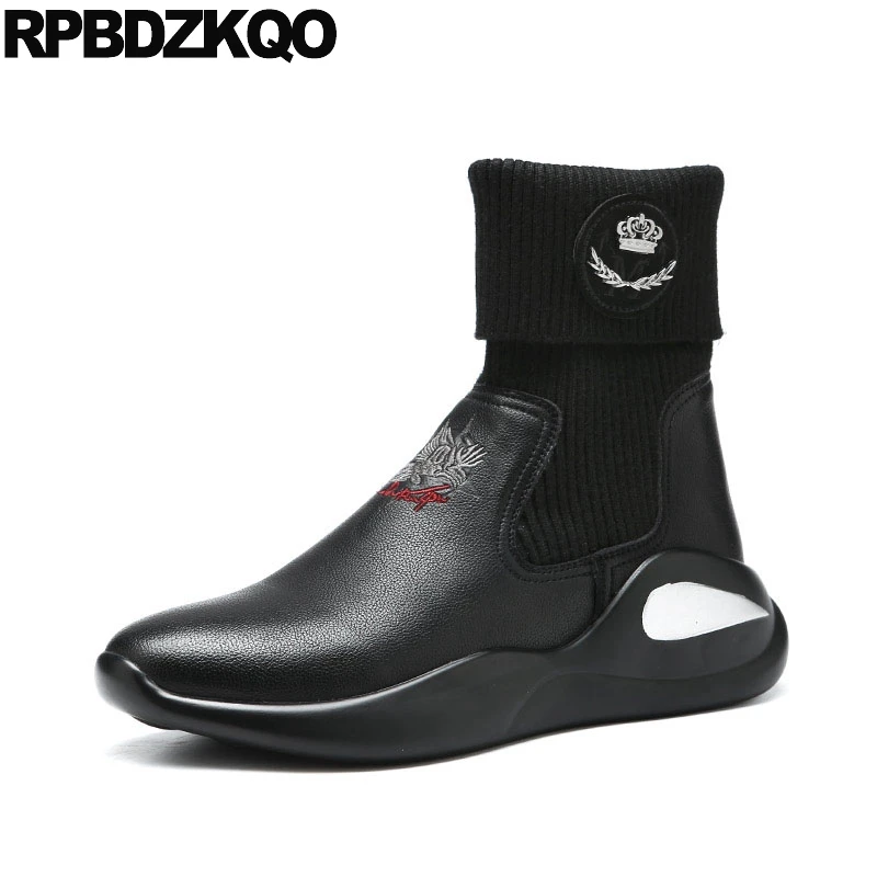 

Black Runway Sneakers Pattern High Sole Thick Soled Men Slip On Casual Shoes Trainer Embroidered Sock Ankle Booties Top Boots