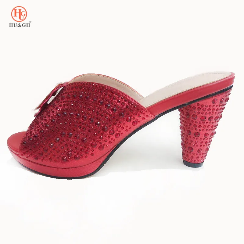 

New African Wedding Shoe High Quality Elegant Italian Women Shoe with Stone High Heels Summer Women Pumps Red Color Party Shoe
