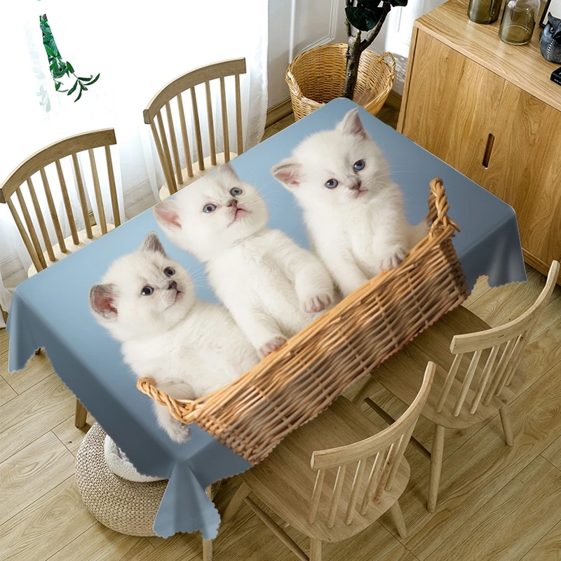 

Animal Pattern 3D Tablecloth Small White Cat Dustproof Washable Cloth Thicken Cotton Rectangular and Round Table Cloth Covers