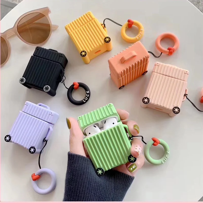 

For AirPods Case Bluetooth Wireless Earphone Case For Apple Airpods 2 Suitcase Trunk Luggage Case Cover With Finger Ring Strap