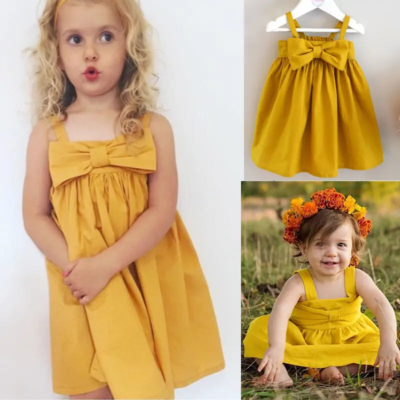 Милый Летний Сарафан для маленьких девочек короткое платье-мини-жилет с бантом повседневные хлопковые платья для маленьких детей наряд без рукавов красный, желтый - Цвет: Цвет: желтый