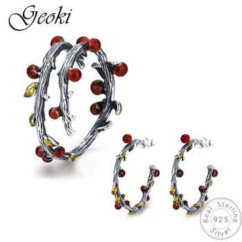 

Geoki 925 Sterling Silver Red Mature Plum Shaped Ring&Stud Earrings Original S925 Retro Fruit Tree Designed Women Jewelry Sets