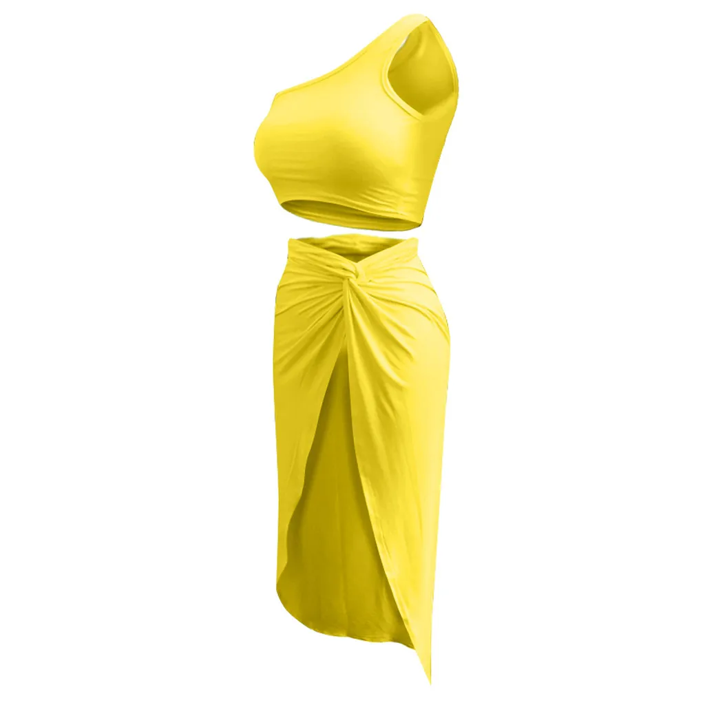 JAYCOSIN, летний женский костюм, сексуальный, модный, Одноцветный, на одно плечо, укороченный топ с разрезом, юбка для пляжного платья, комбинация 9042529