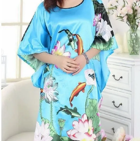 

New Arrival Light Blue Female Faux Silk Nightwear Stylish Fashion Lounge Dress Soft Home Wear Flower Kimono Gown One Size