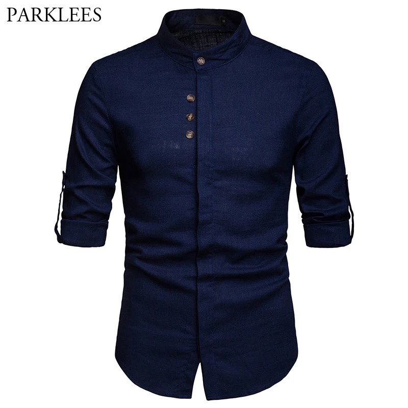 Navy Blue 100% Linen Shirts For Men Mandarin Collar Long Sleeve Male ...