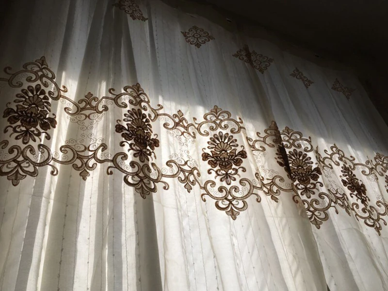 Luxury European Water Soluble Embroidery Sheer Curtain for Living room Tulle Bottom Gold Lacework Window Screen Custom WP160H