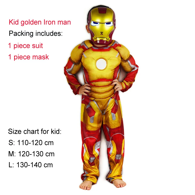 Костюм Пурим на Хэллоуин, костюм Человека-паука, Бэтмена, СУПЕРМЕНА для мальчиков, Детский карнавальный костюм супергероя, Мстители, одежда для костюмированной вечеринки - Цвет: Kid golden ironman