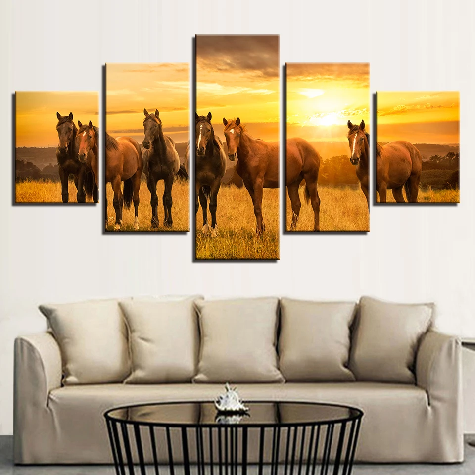 Us 5 99 40 Off Paintings Wall Hd Printed Decor Bedroom 5 Pieces Animal Horse Family Sunshine Sunset Natural Scenery Modular Canvas Art Pictures In