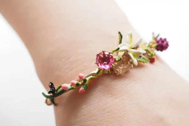 Amybaby, дизайнерское, ручной работы, эмалированная глазурь, розовый цветок, бутон розы, ожерелье, без пирсинга, серьги-капли, регулируемое кольцо, браслет